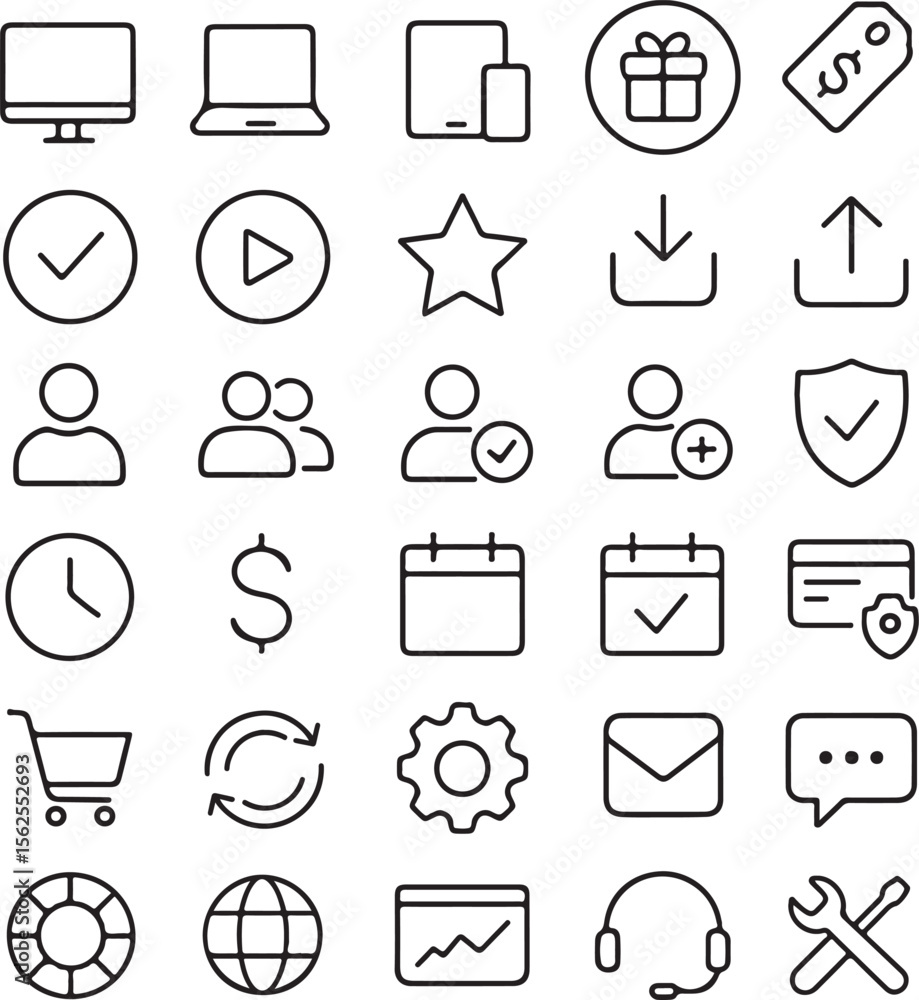 Poster a grid of clean modern outline icons representing various digital services and online business funct