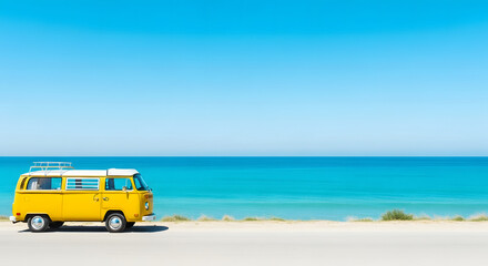 A vibrant yellow van parked on a road alongside the serene blue sea, inviting wanderlust and freedom. The clear sky above adds to the allure of a perfect day for adventure.