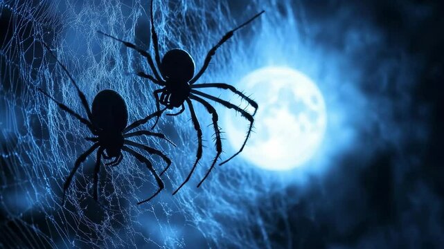 In a shadowy forest, two spiders construct delicate webs illuminated by the ethereal glow of the full moon. The night is alive with mystery, creating a hauntingly beautiful ambiance.