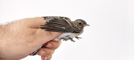 Person holding small brown bird in cupped hands, rescued wildlife close up shot white background. Concept of wildlife rehabilitation veterinary care bird rescue.