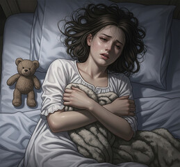 Ailing Young Woman Lies in Bed, Seeking Comfort and Care
