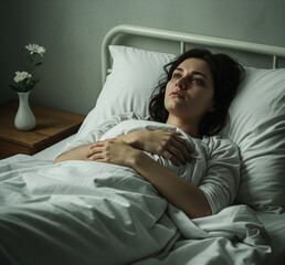 Ailing Young Woman Lies in Bed, Seeking Comfort and Care