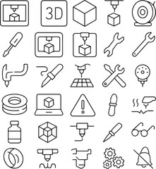 Fototapeta premium Collection of modern line art icons representing 3d printing technology and related tools for digital design and manufacturing processes