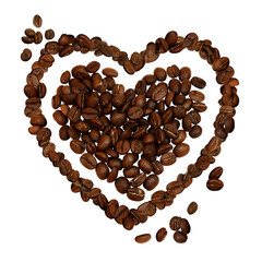 Heart shape coffee beans pile isolated on transparent background. Many whole scattered grains frame PNG. Drink concept. Cut out image for cosmetic, syrup, liquor packaging design, ads layout. Top view