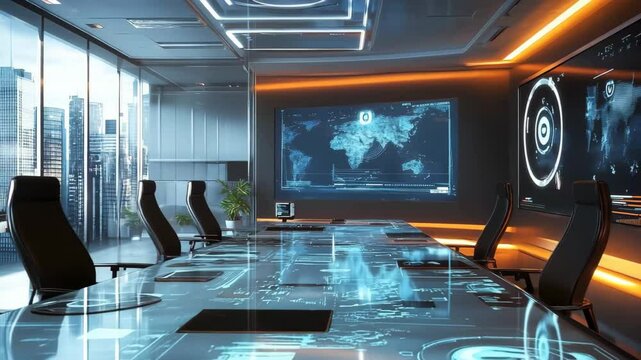 Modern workspace features a sleek conference table illuminated by ambient lighting, advanced technology displayed on large screens, with a panoramic city view enhancing creative discussions.