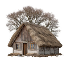 Rustic wooden cottage with thatched roof and bare tree isolated on transparent background