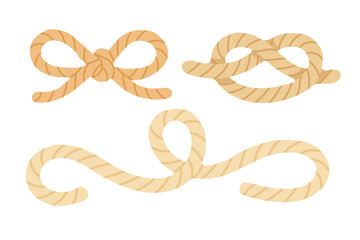 Cartoon set of decorative nautical rope knots and bows. Flat vector illustration for sea or craft themes.