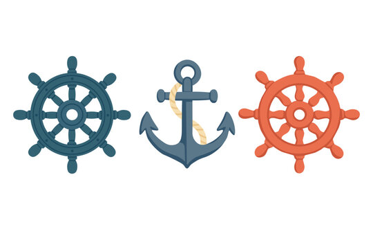 Cartoon anchor with rope and two ship steering wheels. Flat vector marine illustration for nautical themes.