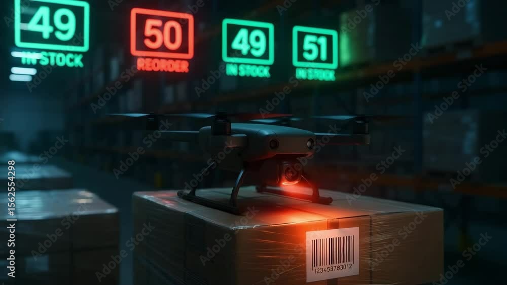 Poster warehouse drone inventory management system automation technology stock reorder efficiency