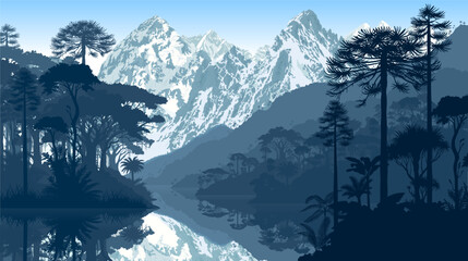 prehistoric rainforest jungle landscape with mountains