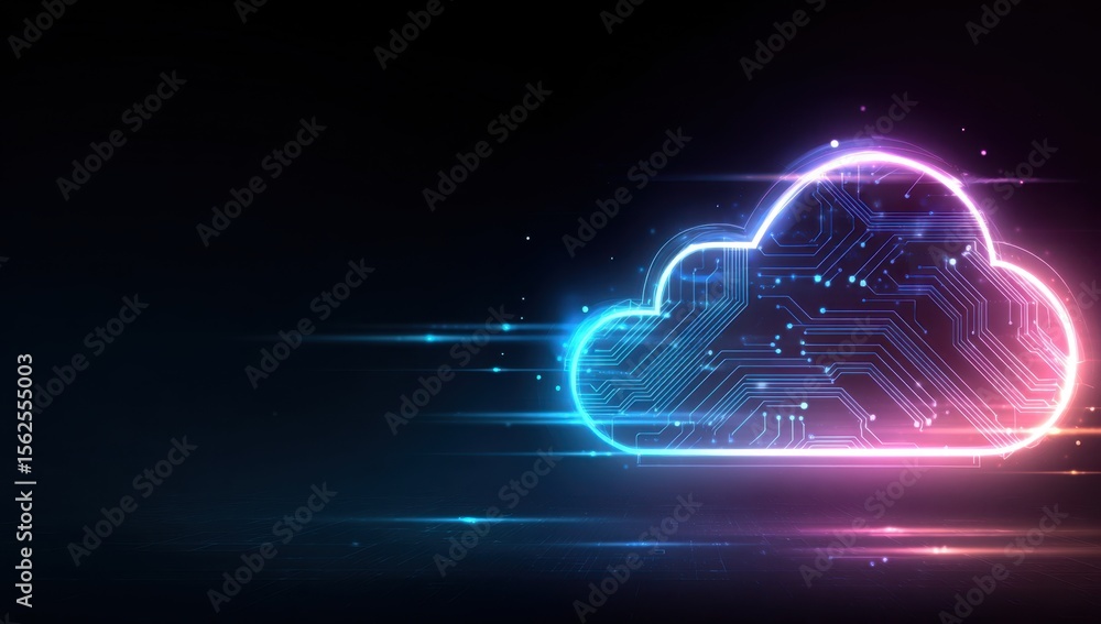 Poster a glowing neon cloud icon with circuit patterns, representing the concept of cloud computing in digi