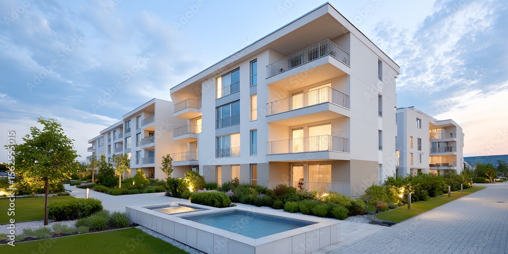 Aufkleber large white building with a pool in front of it