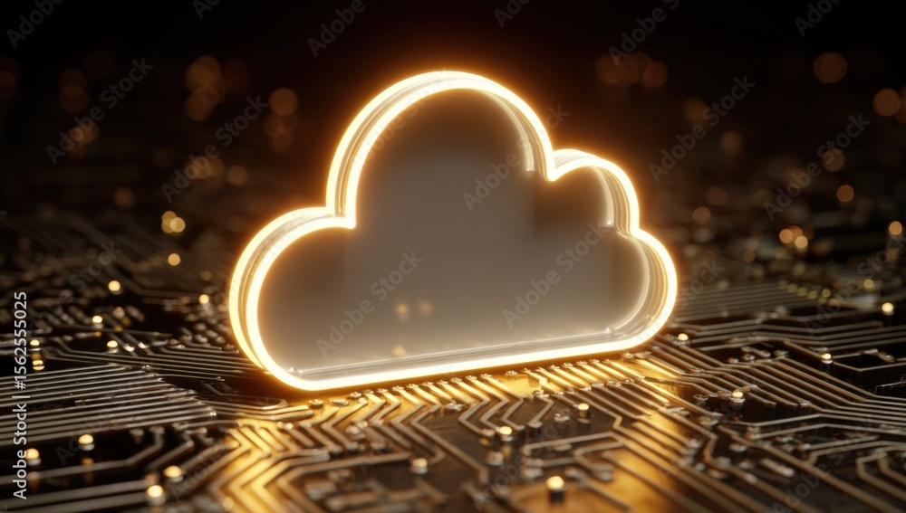 Aufkleber 3d render of a glowing neon cloud icon with a circuit board background, a digital technology concept