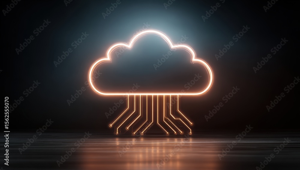 Poster a glowing neon cloud icon with circuit lines emanating from it, set against an abstract dark backgro