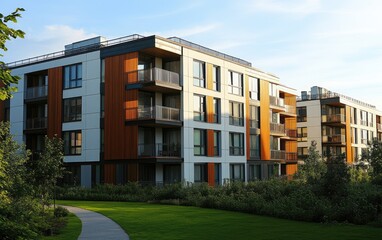 Fototapeta premium City Apartments with Large Windows, Green Terraces, and Wooden Benches