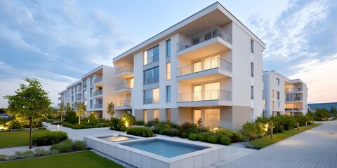 Obraz premium Large white building with a pool in front of it