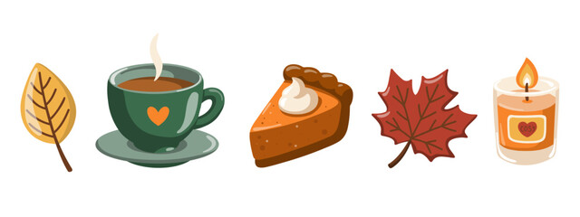 Fall illustration set with hot drink in cup, pumpkin pie, burning candle and autumn leaves. Cartoon vector illustration 