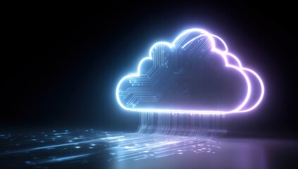 A glowing neon cloud icon with circuit lines emanating from it, set against a dark background There's also some white digital data flowing through these circuits in front of the cloud Generative AI