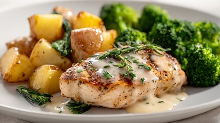 Plate of food with a piece of chicken, potatoes, and broccoli