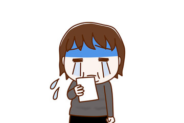 （上半身正面）通知の紙を見て真っ青になり泣き出す太った女性