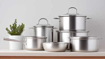 Set of pots and pans are lined up on a counter