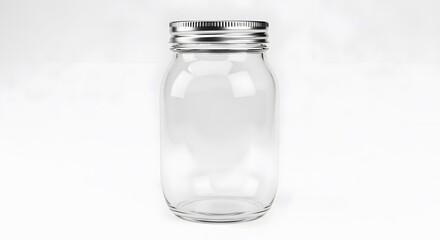 Clear glass mason jar with silver lid for canning food storage and home decor on white background studio shot