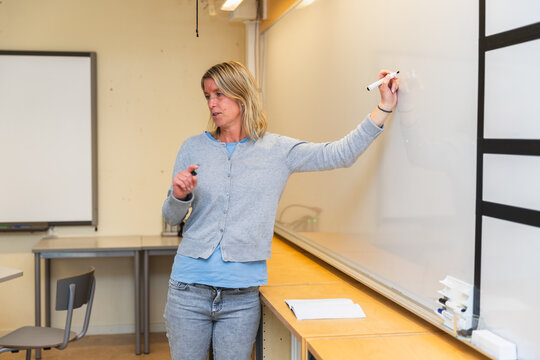 Teacher Explaining at Whiteboard in Classroom