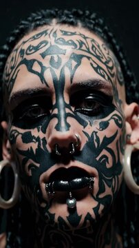 Portrait of a man showing his blackwork face tattoo