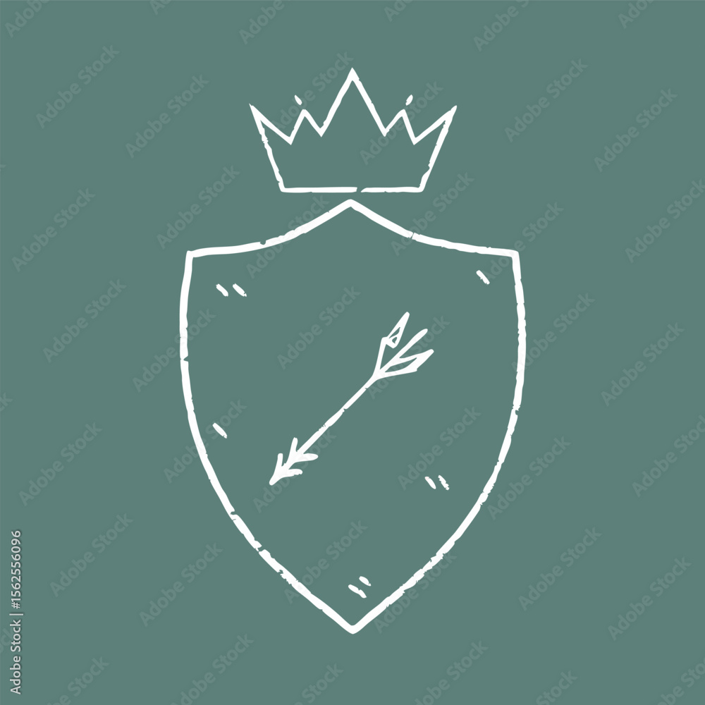 Poster hand drawn shield with crown and arrow in a rustic style on teal background