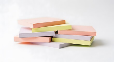 Fototapeta premium Pastel sticky notes stack for office organization and reminders on a clean white background surface view