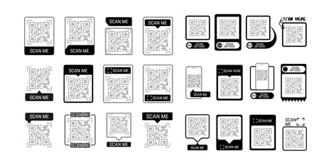 Scan qr code. Scan QR code flat icon with phone. Qr Code template for mobile app, payment and discounts. Barcode. Mobile payment and quick response codes. Scan me with smartphone. Vector illustration