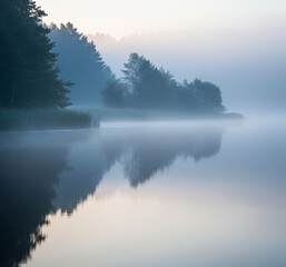 Peaceful Lakeside Morning: Calm Water, Misty Shoreline, Serenity Landscape