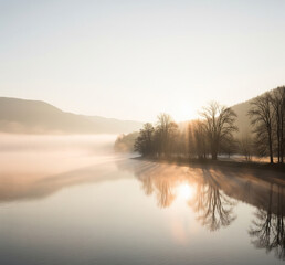 Peaceful Lakeside Morning: Calm Water, Misty Shoreline, Serenity Landscape