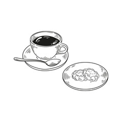 Original illustrations of a cup of  tea or coffee with a jam cookie, a vintage ink line drawing of a snack or breakfast for cards, menus, cafes, baristas, tea houses, or graphic design.