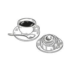 Original illustrations of a cup of tea or coffee with a cinnamon roll, a vintage ink line drawing of a snack or breakfast item for cards, menus, cafes, baristas, tea houses, or graphic design.