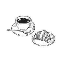 Original illustrations of a cup of tea or coffee with croissant, a vintage ink line drawing of a snack or breakfast for cards, menus, cafes, baristas, tea houses, or graphic design.
