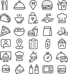 Collection of simple outline icons representing food delivery services including meals transportation and ordering process for online platforms