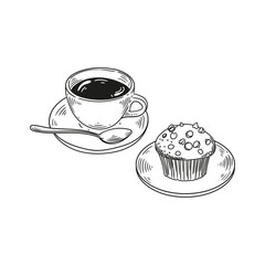 Original illustrations of a cup of tea or coffee with a chocolate muffin, a vintage ink line drawing of a snack or breakfast item for cards, menus, cafes, baristas, tea houses, or graphic design.
