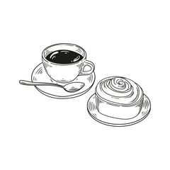 Original illustrations of a cup of tea or coffee with a cinnamon roll, a vintage ink line drawing of a snack or breakfast item for cards, menus, cafes, baristas, tea houses, or graphic design.