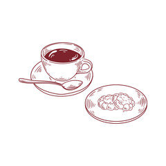 Original illustrations of a cup of tea or coffee with a jam cookie, a vintage ink line drawing of a snack or breakfast for cards, menus, cafes, baristas, tea houses, or graphic design.