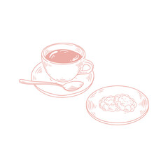 Original illustrations of a cup of tea or coffee with a jam cookie, a vintage ink line drawing of a snack or breakfast for cards, menus, cafes, baristas, tea houses, or graphic design.