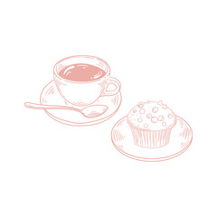 Original illustrations of a cup of tea or coffee with a chocolate muffin, a vintage ink line drawing of a snack or breakfast item for cards, menus, cafes, baristas, tea houses, or graphic design.