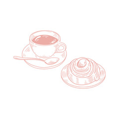 Original illustrations of a cup of tea or coffee with a cinnamon roll, a vintage ink line drawing of a snack or breakfast item for cards, menus, cafes, baristas, tea houses, or graphic design.