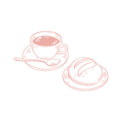 Original illustrations of a cup of tea or coffee with bread, a vintage ink line drawing for cards, menus, cafes, baristas, tea houses, or graphic design.