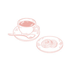 Original illustrations of a cup of tea or coffee with a cookie, a vintage ink line drawing of a snack or breakfast item for cards, menus, cafes, baristas, tea houses, or graphic design.