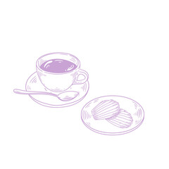Original illustrations of a cup of tea or coffee with Madeleine, a vintage ink line drawing of a snack or breakfast item for cards, menus, cafes, baristas, tea houses, or graphic design.