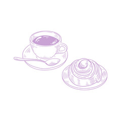 Original illustrations of a cup of tea or coffee with a cinnamon roll, a vintage ink line drawing of a snack or breakfast item for cards, menus, cafes, baristas, tea houses, or graphic design.