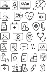 Collection of clean line art icons representing digital healthcare services telemedicine and medical technology concepts