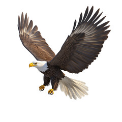 Obraz premium 3d rendered bald eagle in flight with outstretched wings, detailed feathers, and sharp talons on white background