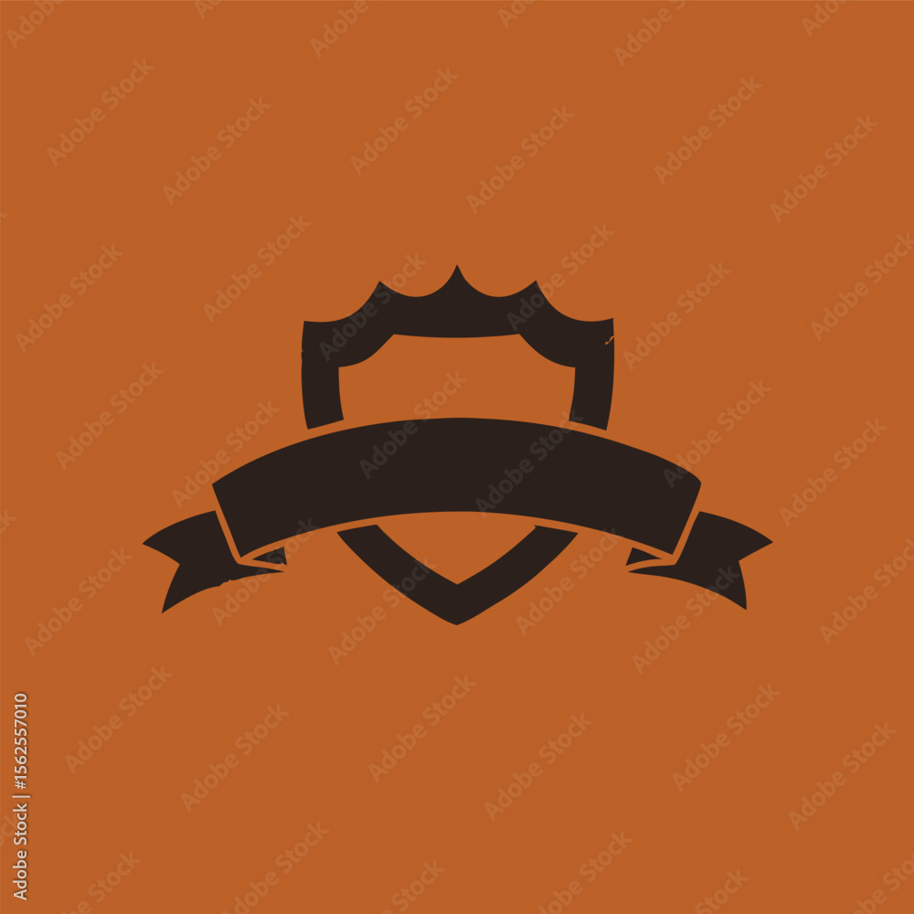 Poster minimalist shield and ribbon icon on orange background design element